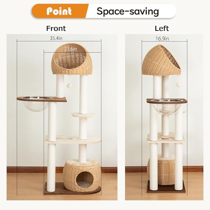 Modern Cat Tree for Large Cat, 60-Inch Tall Cat Tower with Scratching Post for Indoor Cats, Multi-Level Cat Condo with Hand-Woven Cat Bed and Acrylic Bowl (Brown-Particle Board)