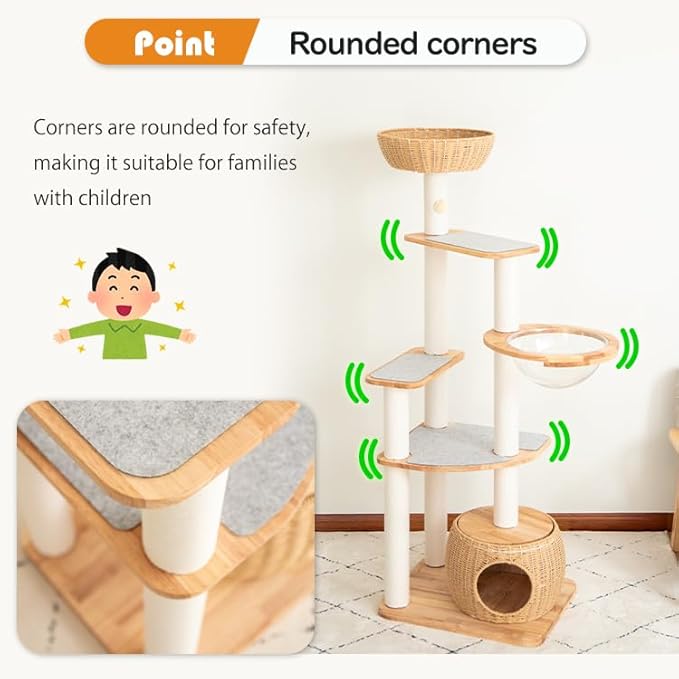 Wood Cat Tree for Large Cat, 63-Inch Tall Cat Tower with Scratching Post for Indoor Cats, Multi-Level Cat Condo with Hand-Woven Cat Bed and Acrylic Bowl Easy to Clean (White 81007s)