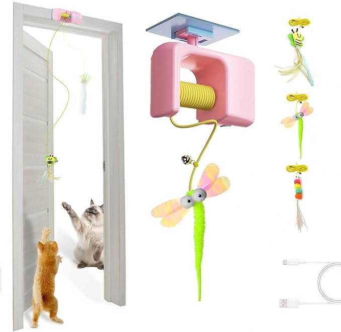 Interactive Hanging Cat Retractable String Toys for Indoor Kittens and Bored Adult Cats with 3 Flying Feathers, Automatic Electric Teaser for Enrichment and Chase, Rechargeable, Pink
