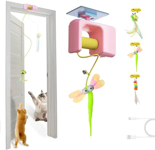 Interactive Hanging Cat Retractable String Toys for Indoor Kittens and Bored Adult Cats with 3 Flying Feathers, Automatic Electric Teaser for Enrichment and Chase, Rechargeable, Pink