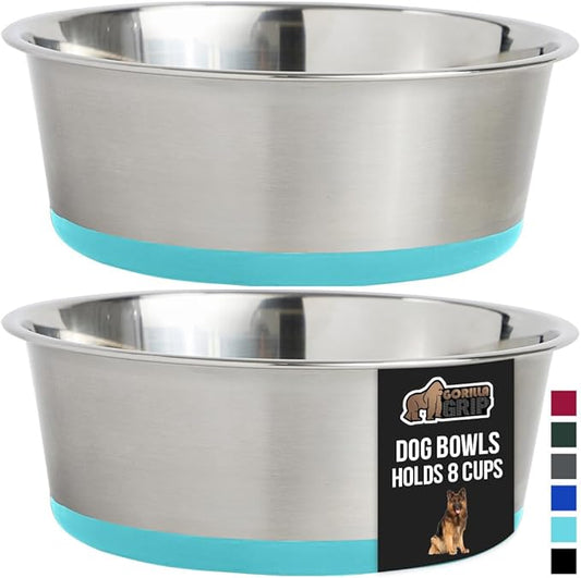 GORILLA GRIP Set of 2 Dog Bowls, Holds 8 Cups (64 fl oz), Heavy Duty Metal Food and Water Bowl for Feeding Dogs and Cats, Dishwasher Safe Rust Resistant Stainless Steel, BPA Free Rubber Base Turquoise