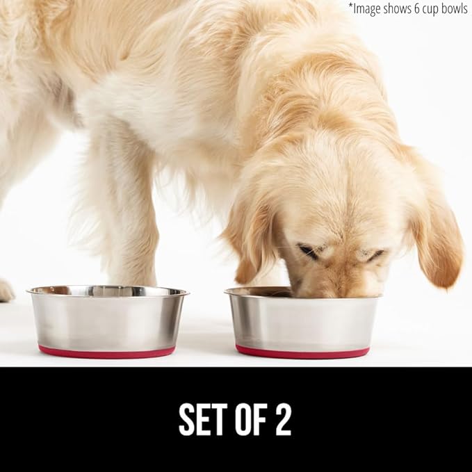 GORILLA GRIP Set of 2 Dog Bowls, Heavy Duty Metal Food and Water Bowl for Feeding Dogs and Cats, Dishwasher Safe, Rust Resistant Stainless Steel, BPA Free Rubber Base, Holds 1 Cup (8 fl oz), Red