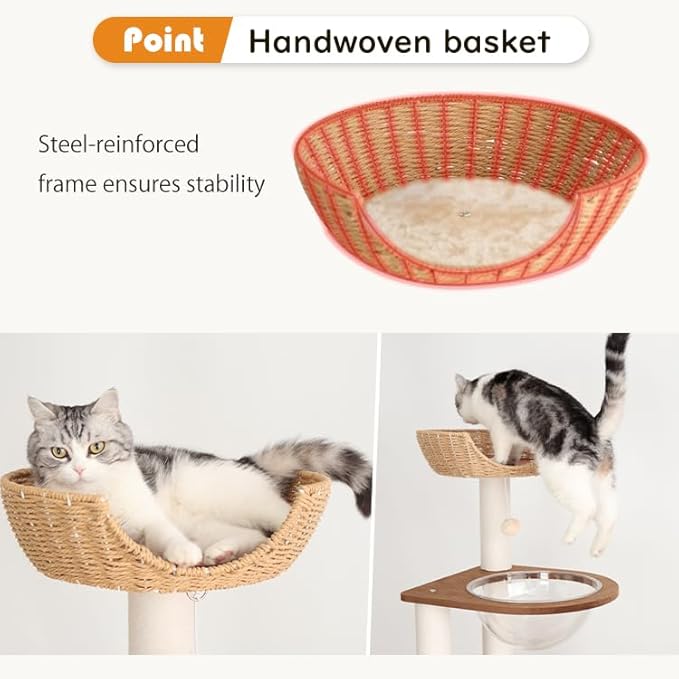 Modern Cat Tree for Large Cat, 53-Inch Tall Cat Tower with Scratching Post for Indoor Cats, Multi-Level Cat Condo with Hand-Woven Cat Bed and Acrylic Bowl Easy to Clean (Mixcolor 132cm)