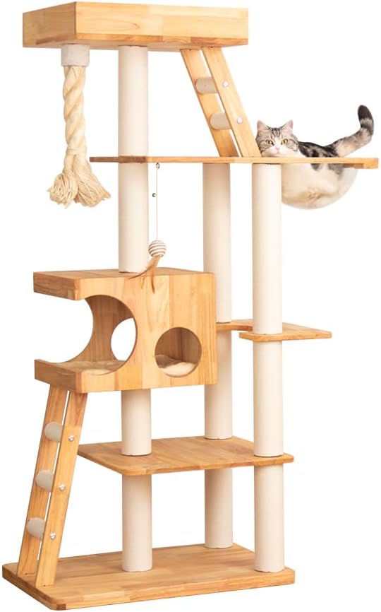 Wood Cat Tree for Large Cats, 62-Inch Tall Modern Cat Tower with Condo & Scratching Posts - Easy to Clean, Heavy-Duty, Furniture-Grade Design for Stable Climbing, Eco-Friendly (White 62'')
