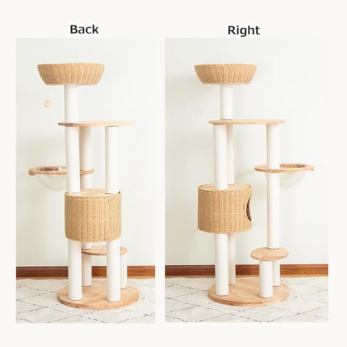 Wood Cat Tree for Large Cat, 57-Inch Tall Cat Tower with Scratching Post for Indoor Cats, Multi-Level Cat Condo with Hand-Woven Cat Bed and Acrylic Bowl Easy to Clean (Cream Y909S)