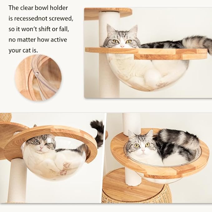 Wood Cat Tree for Large Cat, 57-Inch Tall Cat Tower with Scratching Post for Indoor Cats, Multi-Level Cat Condo with Hand-Woven Cat Bed and Hammock Acrylic Bowl Easy to Clean (DC888)