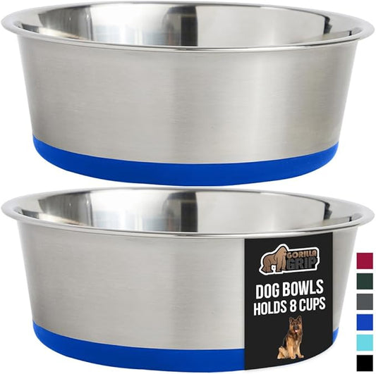 GORILLA GRIP Set of 2 Dog Bowls, Holds 8 Cups (64 fl oz), Heavy Duty Metal Food and Water Bowl for Feeding Dogs and Cats, Dishwasher Safe, Rust Resistant Stainless Steel, BPA Free Rubber Base, Blue
