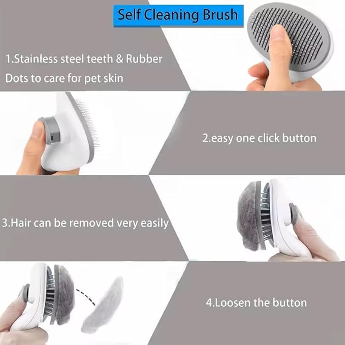 Generic Pet Grooming Brush, Gray - Self Cleaning Dematting Comb for Cats and Dogs, Bristles with Massage Particles, Ergonomic Handle Design, Easy to Use, for Long or Short Hair Breeds, Stainless Steel