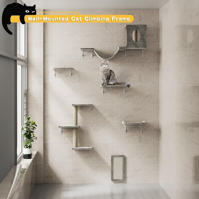 NUNU LAB Wall Mounted Cat Climber Set, 6 Pcs Cat Furniture Set with House, Bridge, Steps, Scratcher Board and Hammock, Shelves for Indoor, Luxury Walls Furniture(Light Gray)