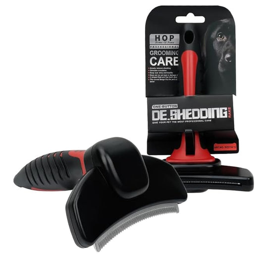 HOP Dog Deshedding Brush for Short Haired Dogs Cats Pets Professional Deshedding Tool Anti-Slip Handle & Detachable Head Highly Effective Deshedder Grooming Home of Paws(Black_L)