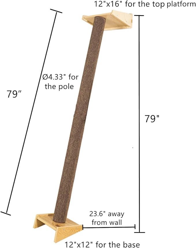 SHENGOCASE Modern 78.7“ Tall Leaning Cat Tree Tower Scratching Post Pillar with Bed Perch, Climbing Pole for Wall and Window, Wall Mounted Shelves