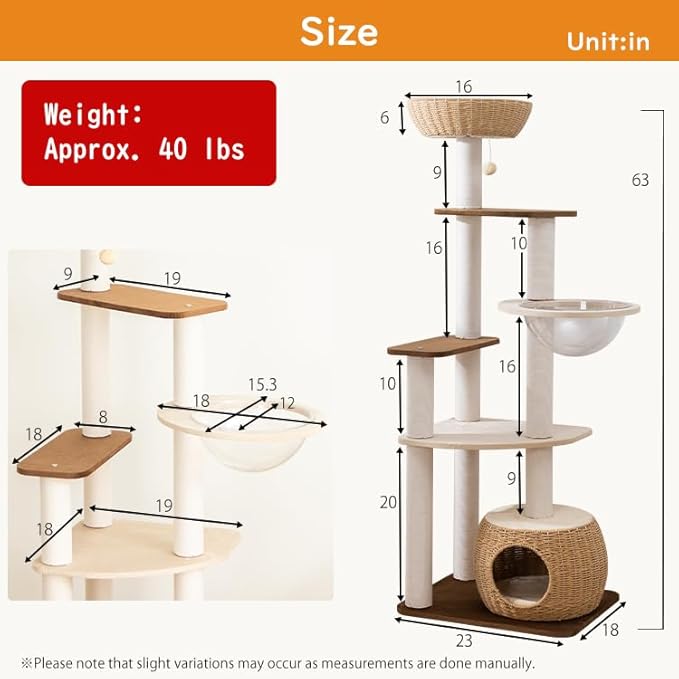 Modern Cat Tree for Large Cat, 57-Inch Tall Cat Tower with Scratching Post for Indoor Cats, Multi-Level Cat Condo with Hand-Woven Cat Bed and Acrylic Bowl (White 81007DD)