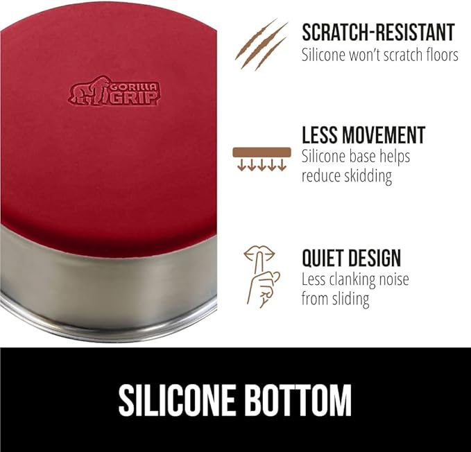 GORILLA GRIP Stainless Steel Metal Dog Bowl, Rubber Base, Heavy Duty Feeding Dish, Food Grade BPA Free, Less Sliding on Floors, Quiet Pet Bowl for Cats and Dogs, Holds 2 Cups (16 fl oz), Red