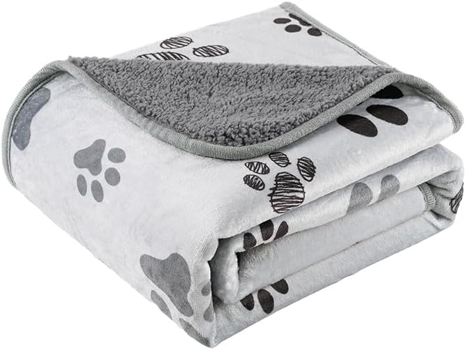 Waterproof Dog Blankets Pet Blanket 50"x60", Soft Fluffy Sofa Car Bed Protector, Reversible Sherpa Fleece Dog Blanket for Large Dogs (Light Grey-Paws)