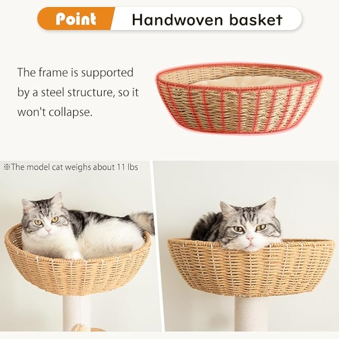 Wood Cat Tree for Large Cat, 63-Inch Tall Cat Tower with Scratching Post for Indoor Cats, Multi-Level Cat Condo with Hand-Woven Cat Bed and Acrylic Bowl Easy to Clean (White 81007s)