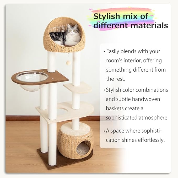 Modern Cat Tree for Large Cat, 60-Inch Tall Cat Tower with Scratching Post for Indoor Cats, Multi-Level Cat Condo with Hand-Woven Cat Bed and Acrylic Bowl (Brown-Particle Board)