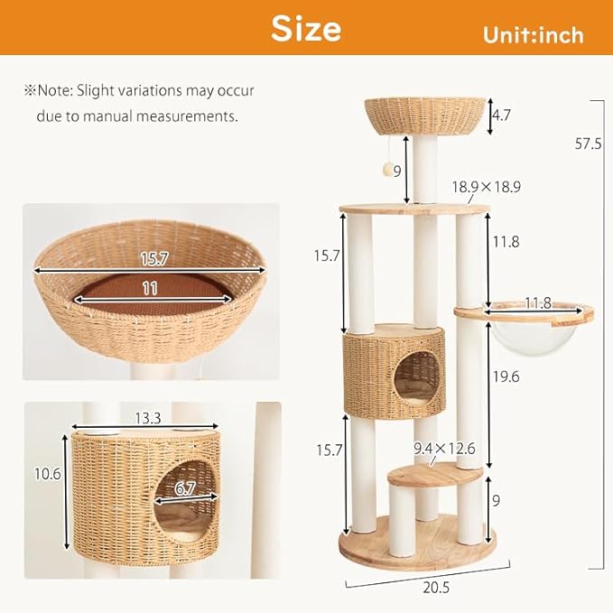 Wood Cat Tree for Large Cat, 57-Inch Tall Cat Tower with Scratching Post for Indoor Cats, Multi-Level Cat Condo with Hand-Woven Cat Bed and Acrylic Bowl Easy to Clean (Cream Y909S)