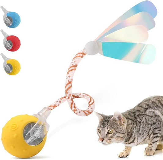 Interactive Cat Toys Ball for Indoor Cats with Elastic Mesh Net Tails – 3 Working Modes for Agile Movement, Motion Activated, USB-C Rechargeable, Ideal for Indoor Cats (Yellow)
