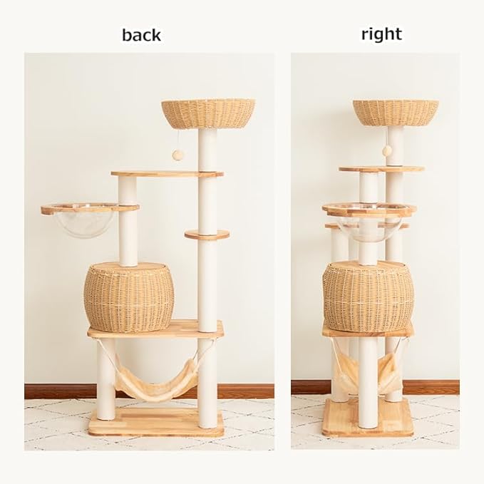 Wood Cat Tree for Large Cat, 57-Inch Tall Cat Tower with Scratching Post for Indoor Cats, Multi-Level Cat Condo with Hand-Woven Cat Bed and Hammock Acrylic Bowl Easy to Clean (DC888)