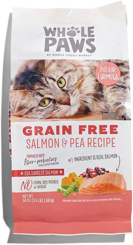 Whole Paws, Grain-Free Dry Cat Food, Salmon & Pea Recipe, Enhanced with Fiber & Prebiotics, Indoor Formula, 3.5 lb