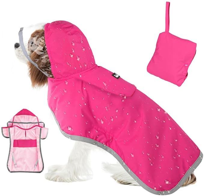 SlowTon Dog Raincoat, Adjustable Dog Rain Jacket Clear Hooded Double Layer, Waterproof Poncho with Reflective Strip Straps and Storage Pocket for Small Medium Large Dogs Puppies(FU L)