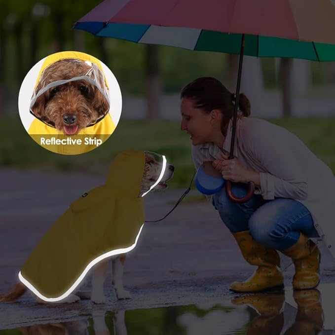 SlowTon Dog Raincoat, Adjustable Dog Rain Jacket Clear Hooded Double Layer, Waterproof Poncho with Reflective Strip Straps and Storage Pocket for Small Medium Large Dog (Yellow XL)