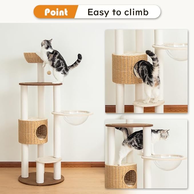 Modern Cat Tree for Large Cat, 57-Inch Tall Cat Tower with Scratching Post for Indoor Cats, Multi-Level Cat Condo with Hand-Woven Cat Bed and Acrylic Bowl Easy to Clean (Y909)