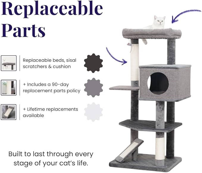 Catry Minimalistic Contemporary Cat Tree 49 Inch 5 Level with Two Natural Sisal Scratching Posts and Ramp, Large, Yara