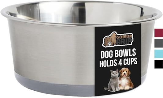 GORILLA GRIP Stainless Steel Metal Dog Bowl, Rubber Base, Heavy Duty Feeding Dish, Food Grade BPA Free, Less Sliding on Floors, Quiet Pet Bowl for Cats and Dogs, Holds 4 Cups (32 fl oz), Gray