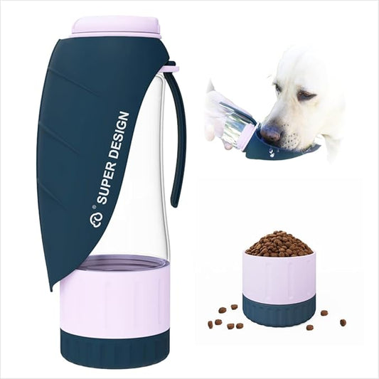 SUPERDESIGN Blue Dog Water Bottle Portable with Food Container, Dog Travel Water Bottle Easy-to-Use, Leak-Proof Design Pet Water Bottle Ideal for Travel,Hiking and Dog Walking Accessories