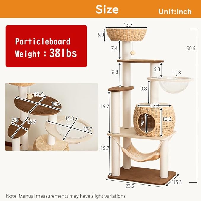 Modern Cat Tree for Large Cat, 56.7-Inch Tall Cat Tower with Scratching Post for Indoor Cats, Multi-Level Cat Condo with Hand-Woven Cat Bed and Hammock Acrylic Bowl (Particleboard 56.7in)
