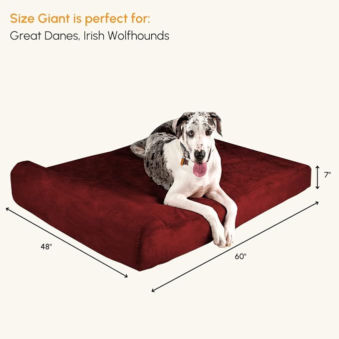 Barker Beds Giant Orthopedic Dog Bed for Large Dogs - 7" Thick Washable Big Dog Bed with Headrest - XL Water-Resistant Mattress - Durable Microsuede Cover - Comfy Pet Bed (Burgundy)