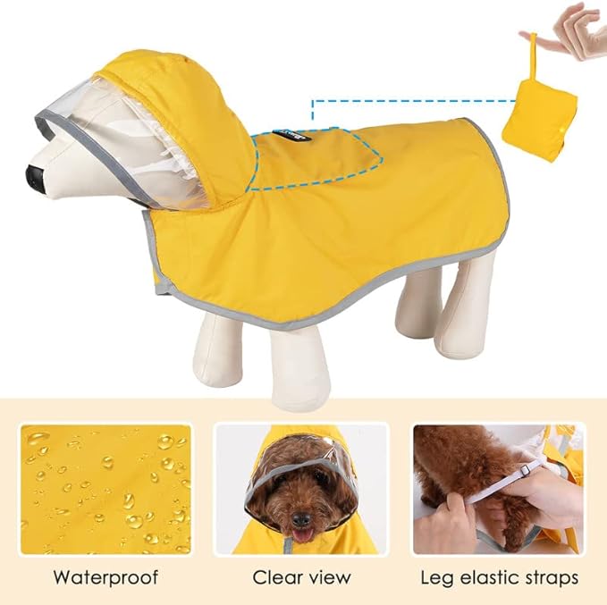 SlowTon Dog Raincoat, Adjustable Dog Rain Jacket Clear Hooded Double Layer, Waterproof Poncho with Reflective Strip Straps and Storage Pocket for Small Medium Large Dog (Yellow XL)