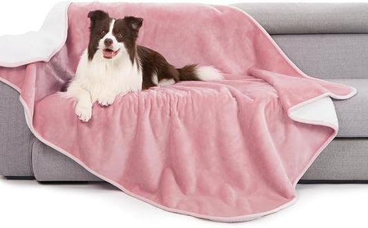 gogobunny Waterproof Bed Blanket, Reversible Sherpa Fleece Throw Blanket for Dog Puppy Cat, Furniture Cover Protects Bed Couch Sofa from Liquid Pee and Pet Fur (Pink, 90x90 inches)