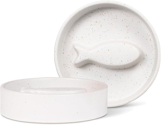 Fringe Studio Speckled Fish Bone Small Ceramic Cat Bowl, Slow Feeder Pet Bowl (5" Diameter x 1.25" H, 5.5 fl.oz.), PetShop Collection (780SM001)