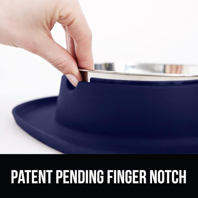 GORILLA GRIP Feeding Mat Set, Patent Pending 100% Waterproof BPA Free Silicone, Stainless Steel Cat and Dog Bowls, Slip Resistant, Edges Catch Water, Food, US Designed Pet Accessories, 2 Cup Navy Blue