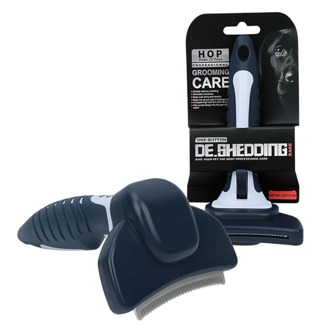 HOP Dog Deshedding Brush for Short Haired Dogs Cats Pets Professional Deshedding Tool Anti-Slip Handle & Detachable Head Highly Effective Deshedder Grooming Home of Paws(Dark Blue_M)