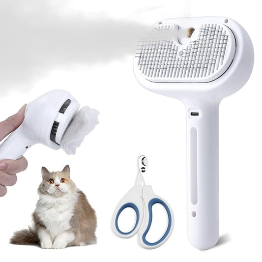 Cat Steam Brush with Release Button, Pet Spray Brushes for Shedding & Grooming, Mist Comb for Pet Long Short Haired, Steamy Brush for Cats Removing Loose Fur and Massage (White)