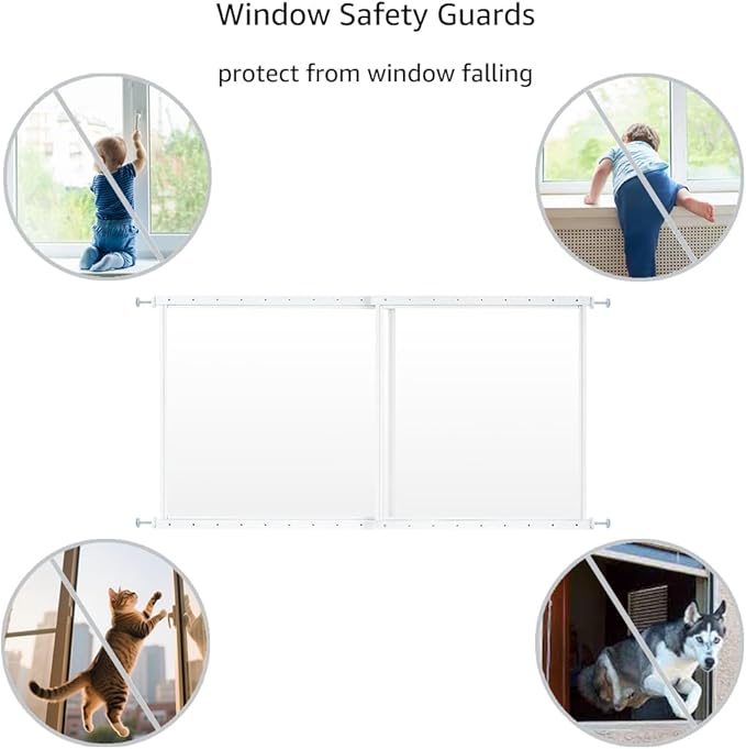 beeNbkks Pet Window Safety Guards, Clear Acrylic Safer Than Bars, Window Guards for Dogs Cats, Pressure Mounted Safety Pet Barrier with Metal Frame, Adjustable 32" to 62" Wide, 29" Tall, Indoor Use