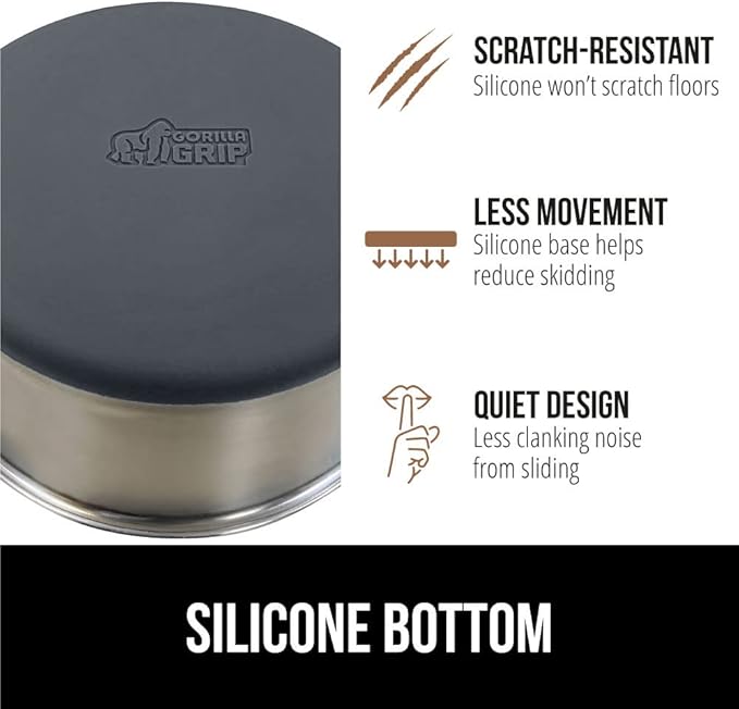 GORILLA GRIP Stainless Steel Metal Dog Bowl, Rubber Base, Heavy Duty Feeding Dish, Food Grade BPA Free, Less Sliding on Floors, Quiet Pet Bowl for Cats and Dogs, Holds 8 Cups (64 fl oz), Gray