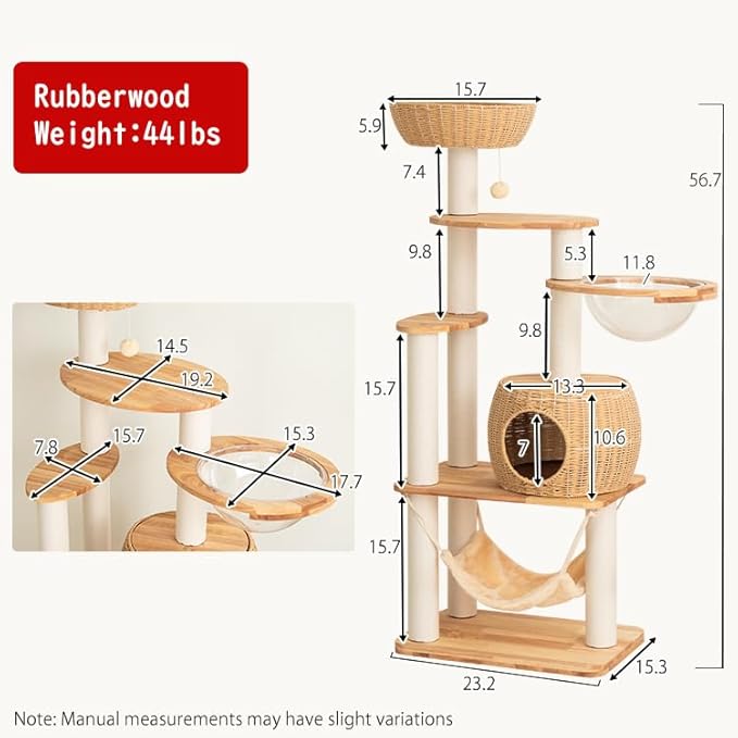 Wood Cat Tree for Large Cat, 57-Inch Tall Cat Tower with Scratching Post for Indoor Cats, Multi-Level Cat Condo with Hand-Woven Cat Bed and Hammock Acrylic Bowl Easy to Clean (DC888)
