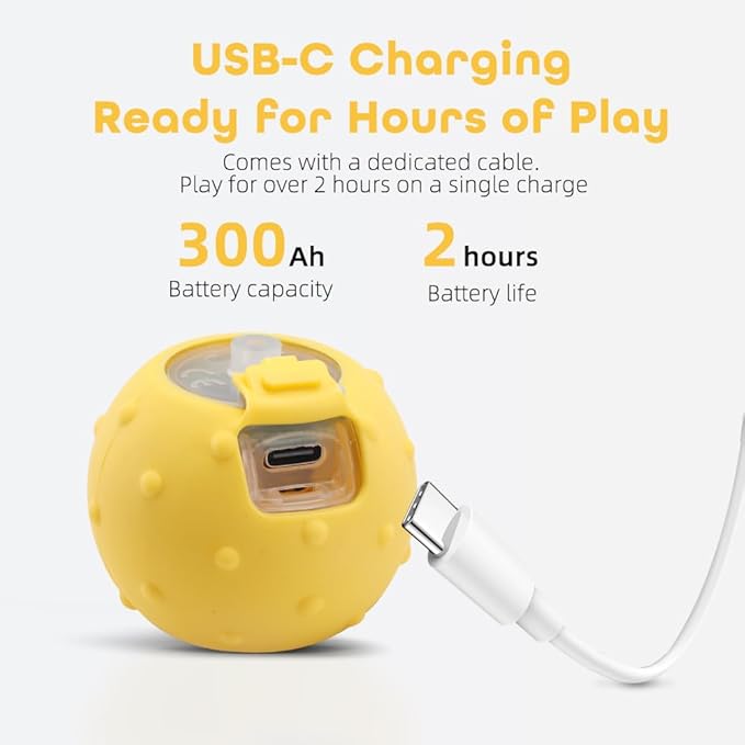 Interactive Cat Toys Ball for Indoor Cats with Elastic Mesh Net Tails – 3 Working Modes for Agile Movement, Motion Activated, USB-C Rechargeable, Ideal for Indoor Cats (Yellow)