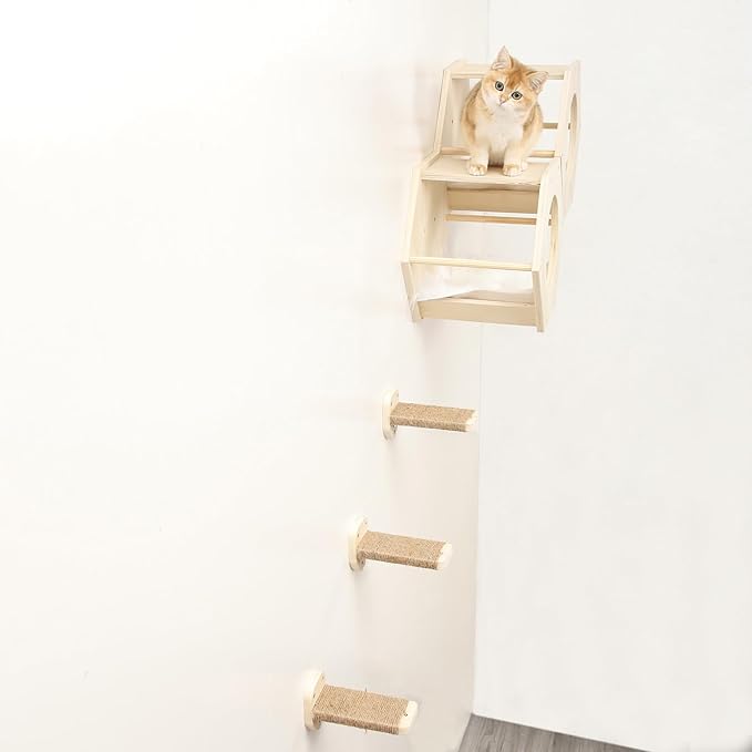 Cat Wall Shelves, Cat Shelves for Wall, Cat Wall Furniture, Cat Shelf with 3 Steps Scratcher Post, Cat Tree Hammock with Plush Wall Mounted, Climbing Shelf Wall Mount for Indoor Cats (Wood)