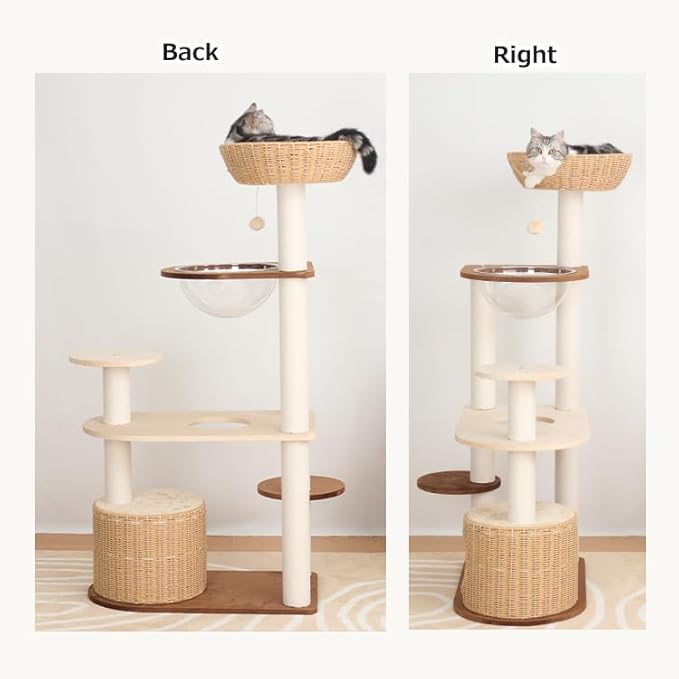 Modern Cat Tree for Large Cat, 53-Inch Tall Cat Tower with Scratching Post for Indoor Cats, Multi-Level Cat Condo with Hand-Woven Cat Bed and Acrylic Bowl Easy to Clean (Mixcolor 132cm)