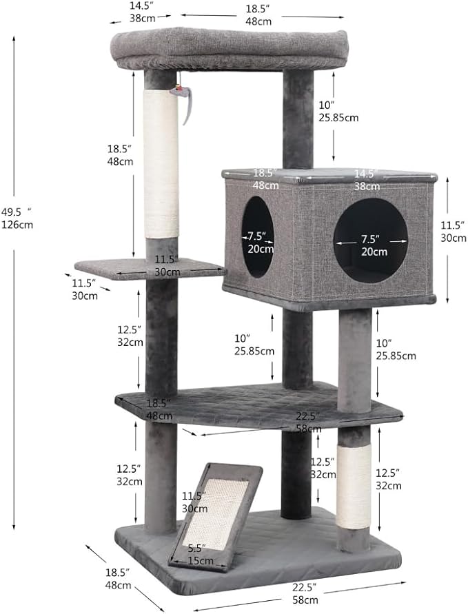 Catry Minimalistic Contemporary Cat Tree 49 Inch 5 Level with Two Natural Sisal Scratching Posts and Ramp, Large, Yara