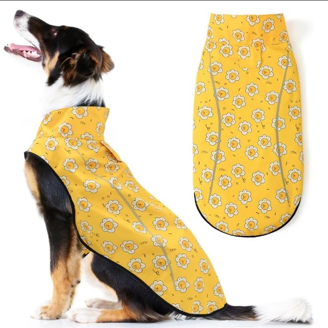 Mile High Life Dog Raincoat, Adjustable Waterproof Reflective Rain Jacket for Small Medium Large Dogs, Lightweight Breathable Pet Rain Coat with Leash Hole(Yellow Sun,L Chest 32-40")