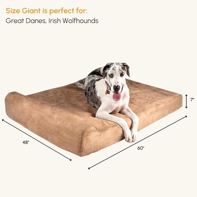 Barker Beds Giant Orthopedic Dog Bed for Large Dogs - 7" Thick Washable Big Dog Bed with Headrest - XL Water-Resistant Mattress - Durable Microsuede Cover - Comfy Pet Bed (Khaki)
