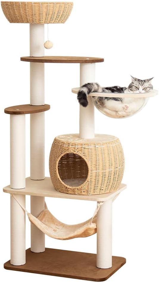 Modern Cat Tree for Large Cat, 56.7-Inch Tall Cat Tower with Scratching Post for Indoor Cats, Multi-Level Cat Condo with Hand-Woven Cat Bed and Hammock Acrylic Bowl (Particleboard 56.7in)