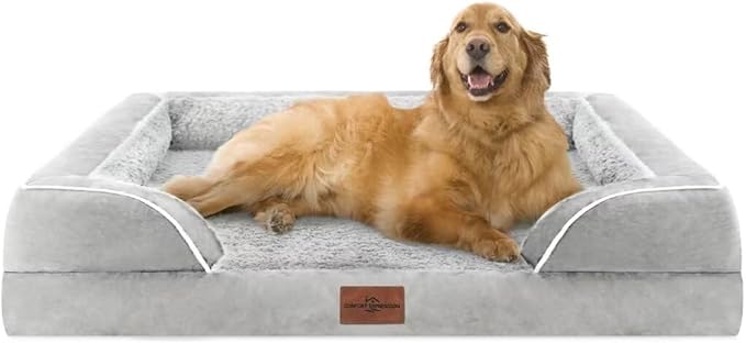 Comfort Expression Orthopedic Dog Bed for Extra Large Dogs 42x30 Inch, Waterproof Egg Crate Foam XL Pet Bed with Removable Bolsters, Dog Couch with Washable Cover & Non-Slip Bottom, Gery White