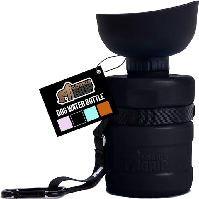 GORILLA GRIP Dog Water Bottle, Portable Water Bowl Dispenser for Dogs, 12 oz Leak Proof Pet Travel Squeeze Bottles, Food Grade Silicone, to Go Puppy Essentials, Hiking Camping Trip Accessories, Black